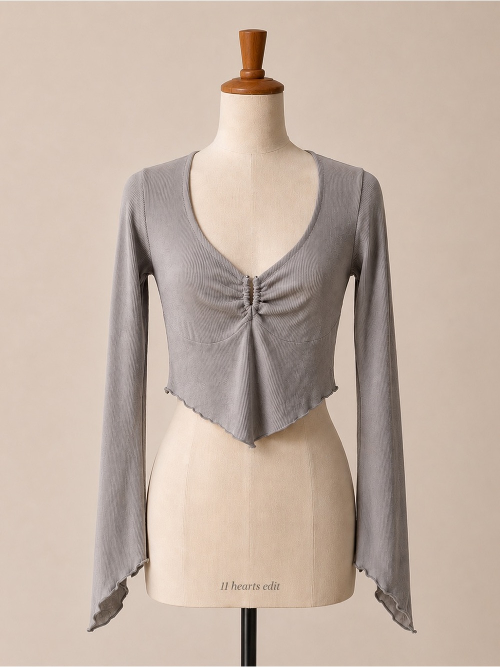 STEELE NWT Harley Gray Ribbed Ruched Bell Sleeve Crop Top M